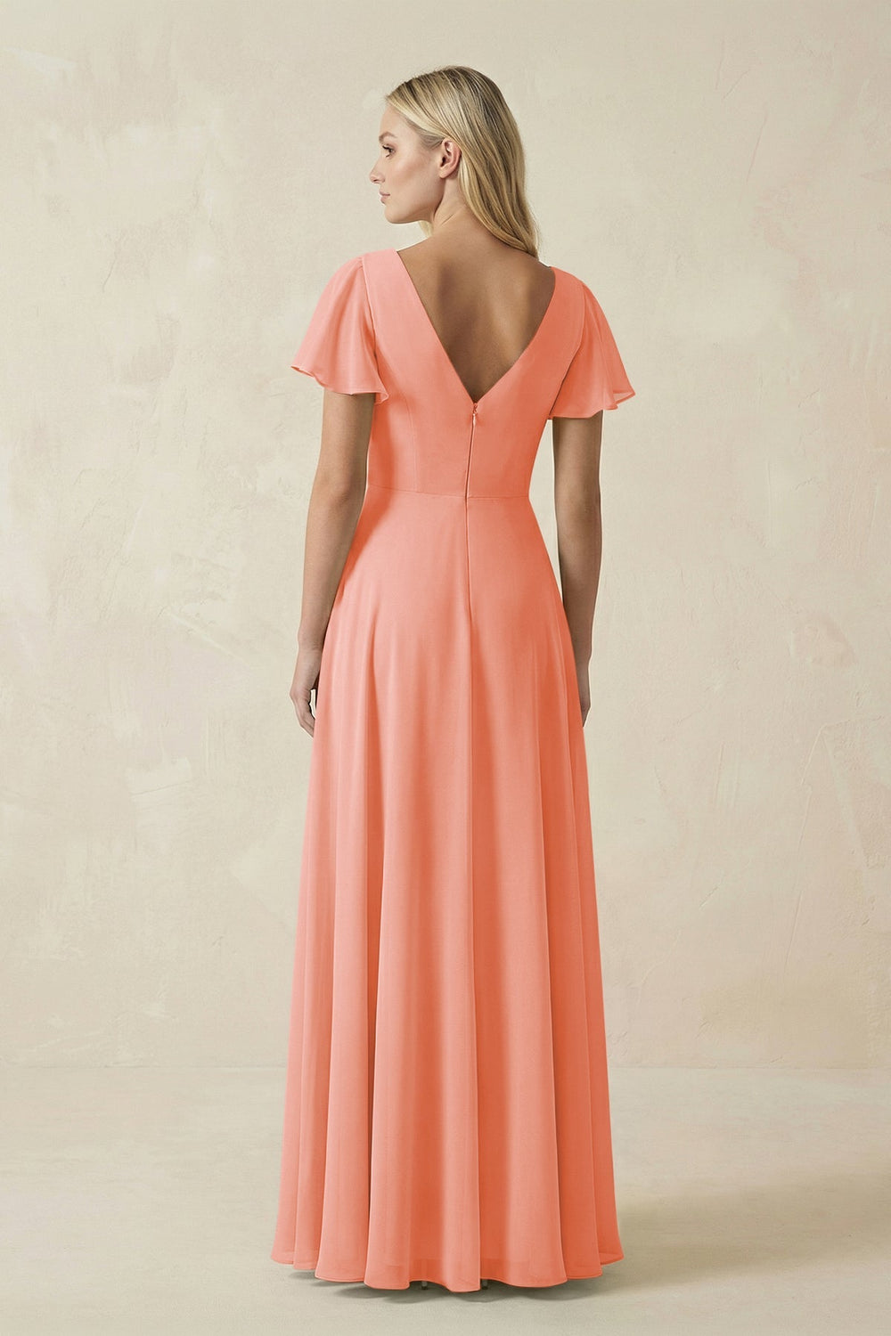 V - Neck Flutter Sleeve A - Line Chiffon Bridesmaid Dress in Rosette - KissProm Bridesmaid Dresses