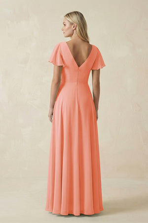 V - Neck Flutter Sleeve A - Line Chiffon Bridesmaid Dress in Rosette - KissProm Bridesmaid Dresses