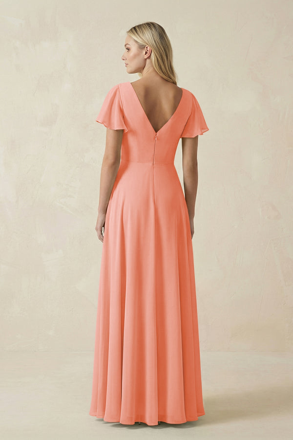V - Neck Flutter Sleeve A - Line Chiffon Bridesmaid Dress in Rosette - KissProm Bridesmaid Dresses