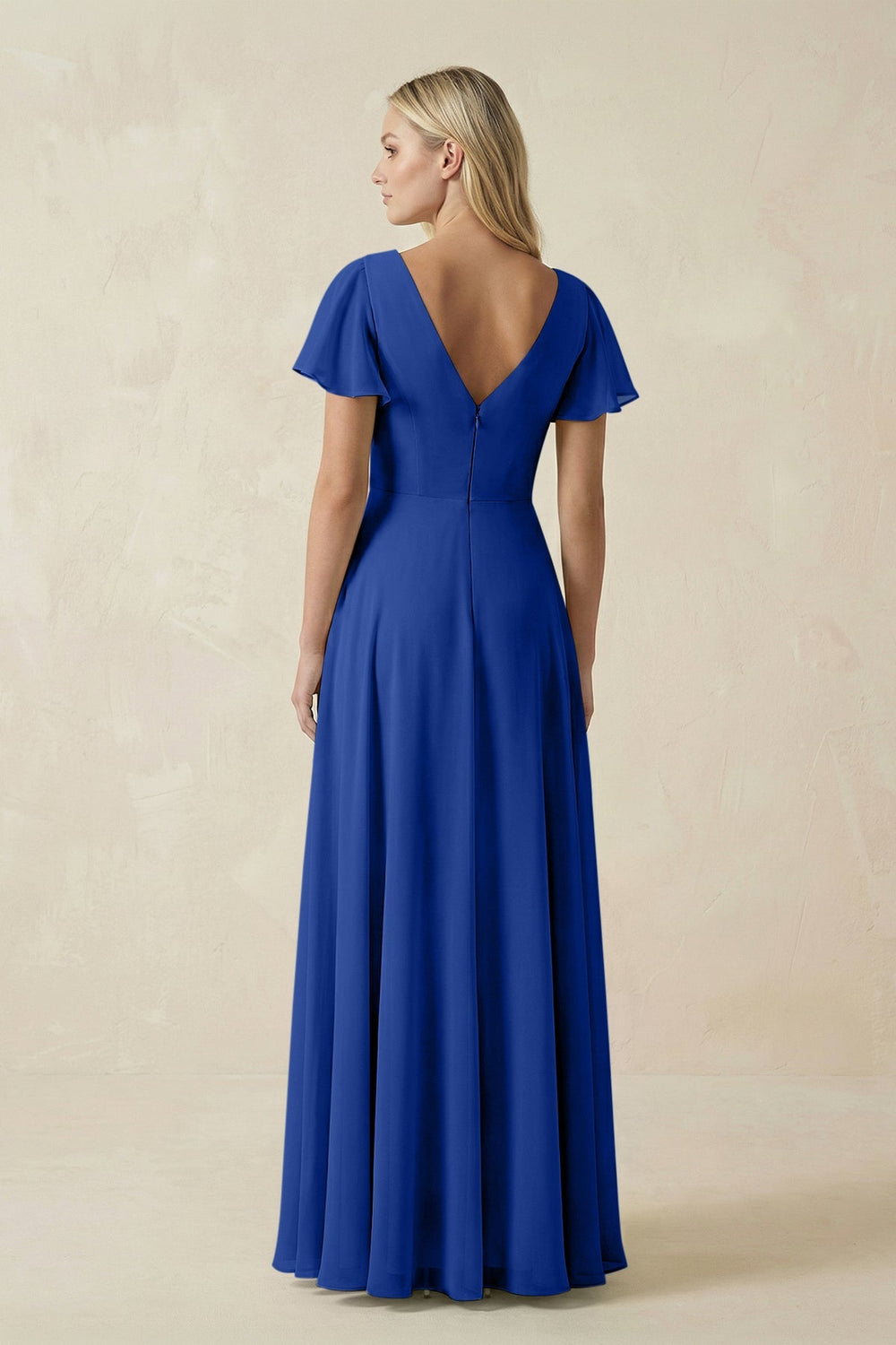 V - Neck Flutter Sleeve A - Line Chiffon Bridesmaid Dress in Royal Blue - KissProm Bridesmaid Dresses