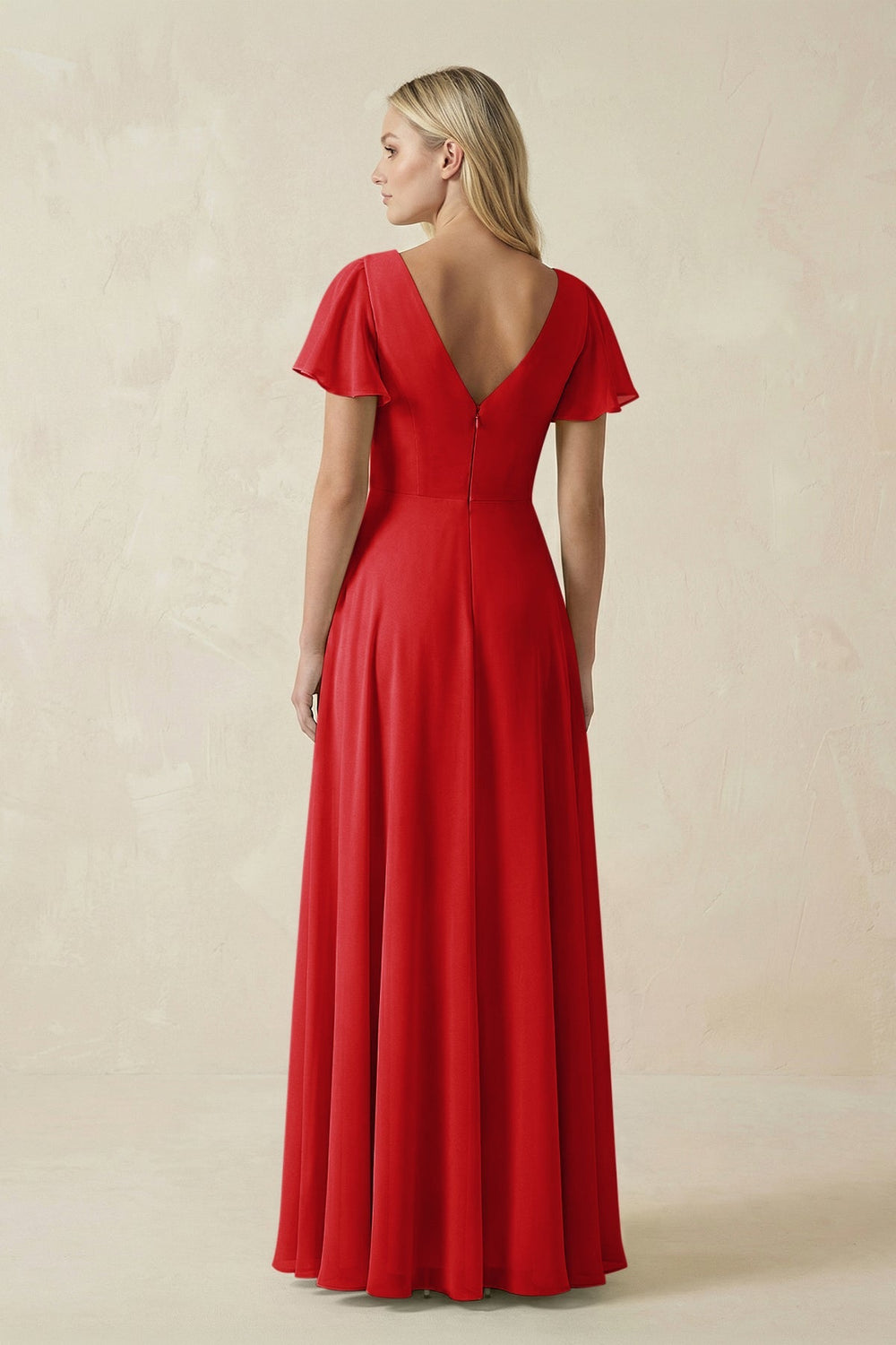 V - Neck Flutter Sleeve A - Line Chiffon Bridesmaid Dress in Ruby Red - KissProm Bridesmaid Dresses
