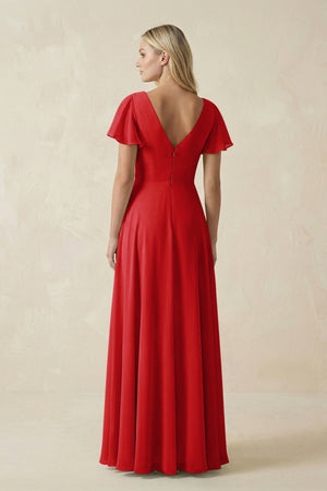 V - Neck Flutter Sleeve A - Line Chiffon Bridesmaid Dress in Ruby Red - KissProm Bridesmaid Dresses