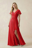 V - Neck Flutter Sleeve A - Line Chiffon Bridesmaid Dress in Ruby Red - KissProm Bridesmaid Dresses