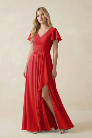 V - Neck Flutter Sleeve A - Line Chiffon Bridesmaid Dress in Ruby Red - KissProm Bridesmaid Dresses