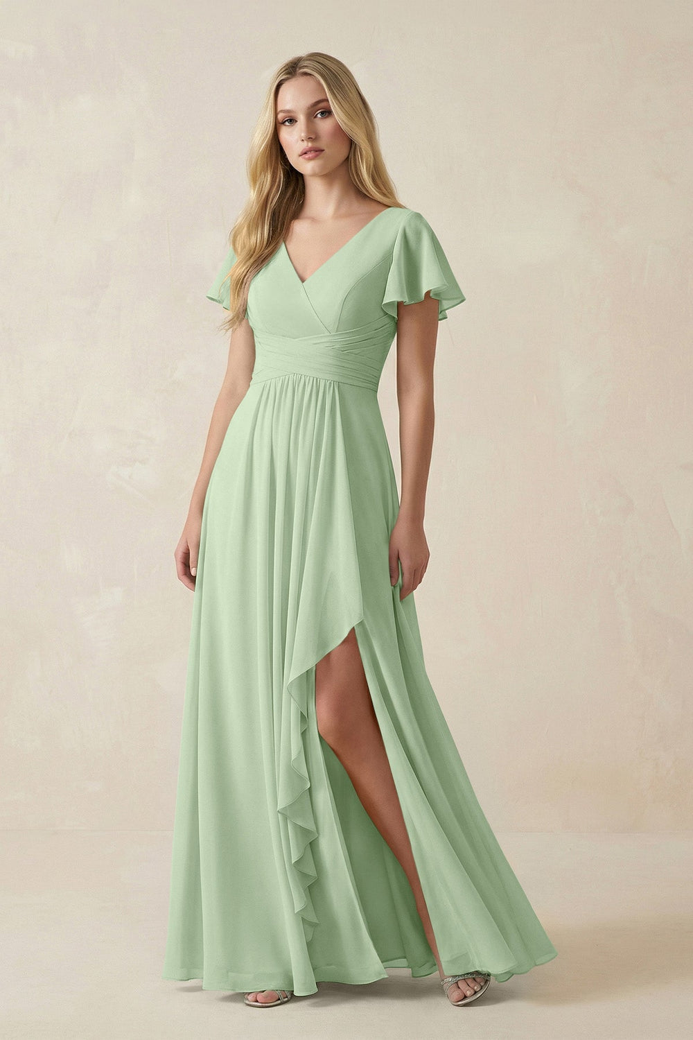 V - Neck Flutter Sleeve A - Line Chiffon Bridesmaid Dress in Sage - KissProm Bridesmaid Dresses