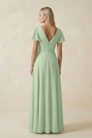 V - Neck Flutter Sleeve A - Line Chiffon Bridesmaid Dress in Sage - KissProm Bridesmaid Dresses