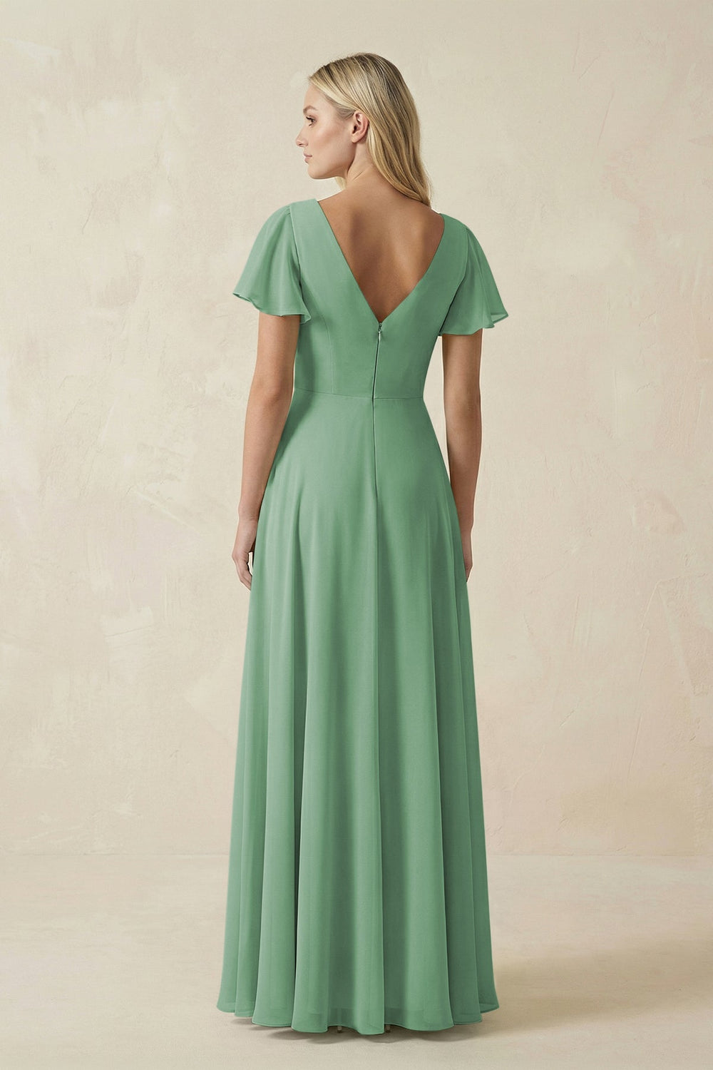 V - Neck Flutter Sleeve A - Line Chiffon Bridesmaid Dress in Sea Glass - KissProm Bridesmaid Dresses