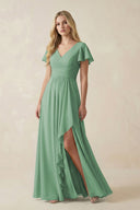 V - Neck Flutter Sleeve A - Line Chiffon Bridesmaid Dress in Sea Glass - KissProm Bridesmaid Dresses