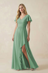 V - Neck Flutter Sleeve A - Line Chiffon Bridesmaid Dress in Sea Glass - KissProm Bridesmaid Dresses