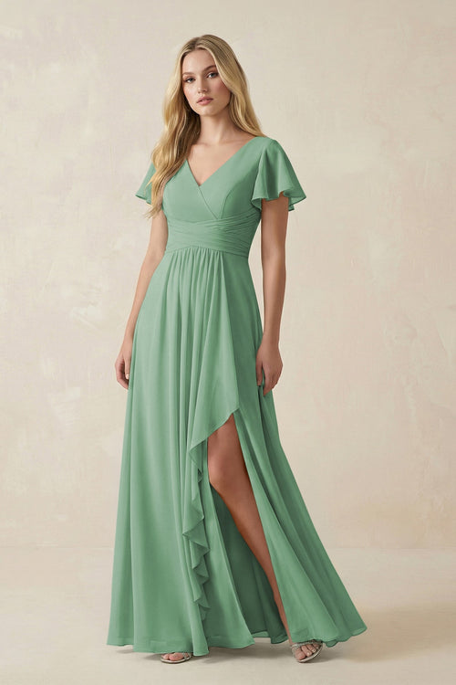 V - Neck Flutter Sleeve A - Line Chiffon Bridesmaid Dress in Sea Glass - KissProm Bridesmaid Dresses