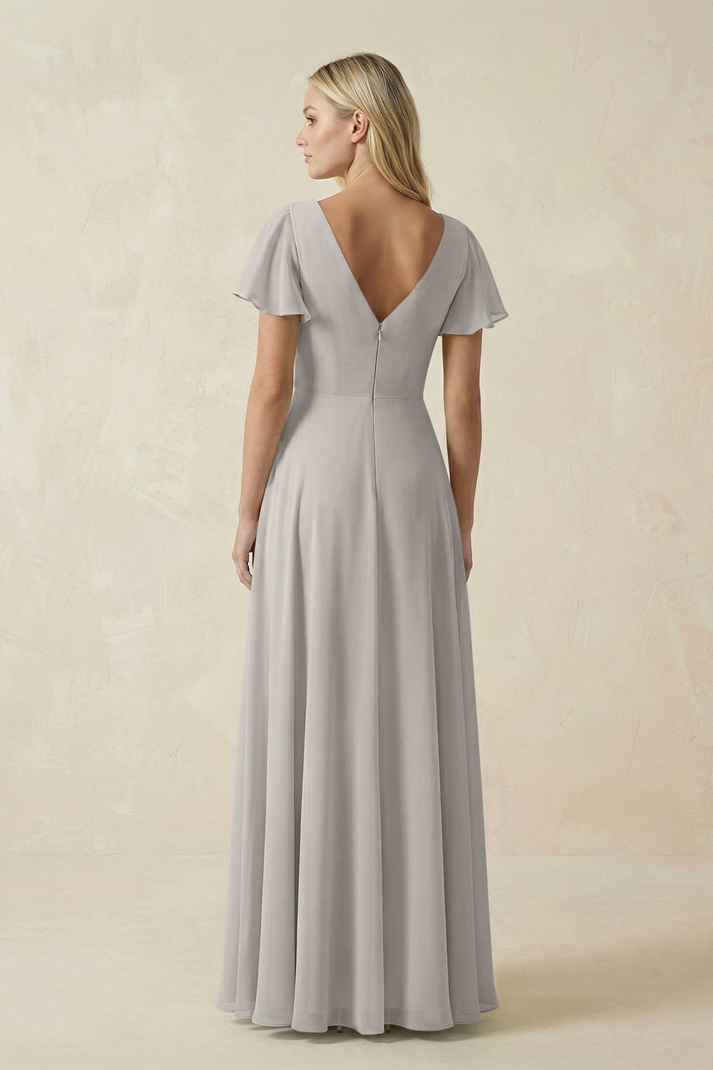 V - Neck Flutter Sleeve A - Line Chiffon Bridesmaid Dress in Silver - KissProm Bridesmaid Dresses