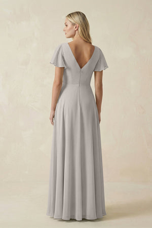 V - Neck Flutter Sleeve A - Line Chiffon Bridesmaid Dress in Silver - KissProm Bridesmaid Dresses