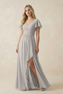 V - Neck Flutter Sleeve A - Line Chiffon Bridesmaid Dress in Silver - KissProm Bridesmaid Dresses