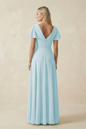 V - Neck Flutter Sleeve A - Line Chiffon Bridesmaid Dress in Sky Blue - KissProm Bridesmaid Dresses