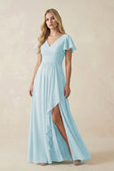 V - Neck Flutter Sleeve A - Line Chiffon Bridesmaid Dress in Sky Blue - KissProm Bridesmaid Dresses