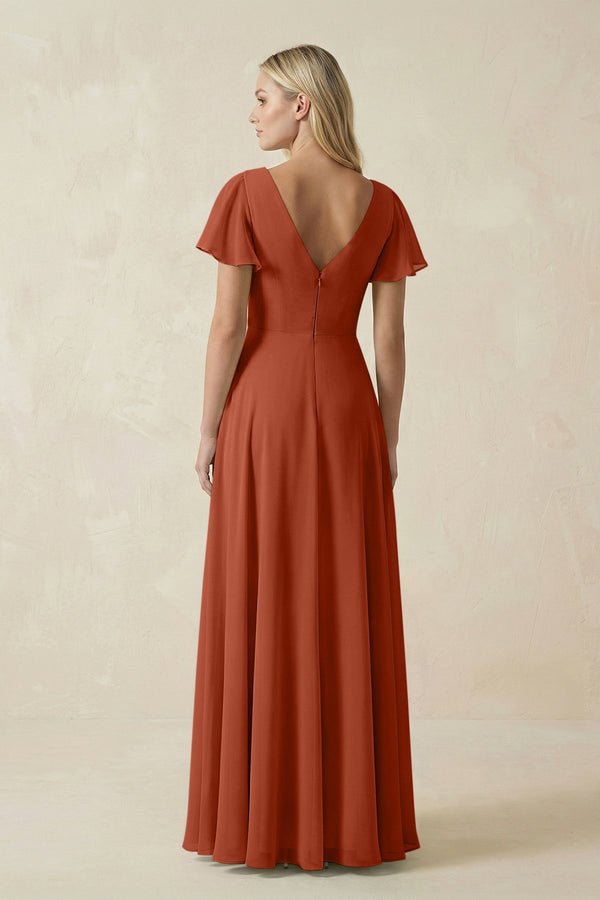 V - Neck Flutter Sleeve A - Line Chiffon Bridesmaid Dress in Spice - KissProm Bridesmaid Dresses