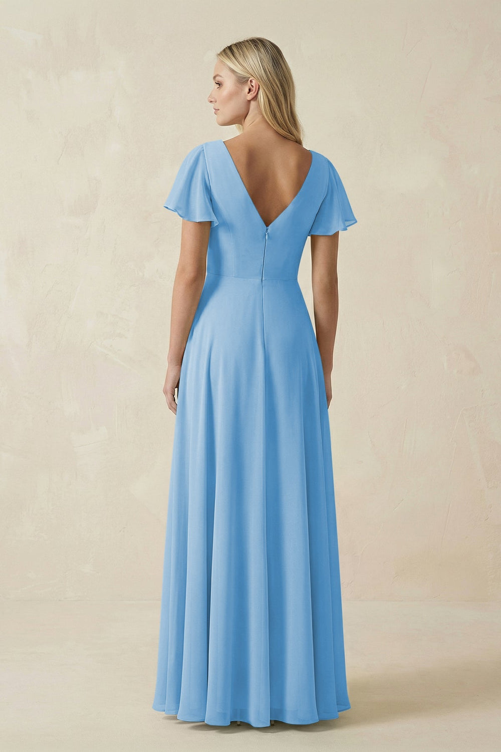V - Neck Flutter Sleeve A - Line Chiffon Bridesmaid Dress in Steel Blue - KissProm Bridesmaid Dresses