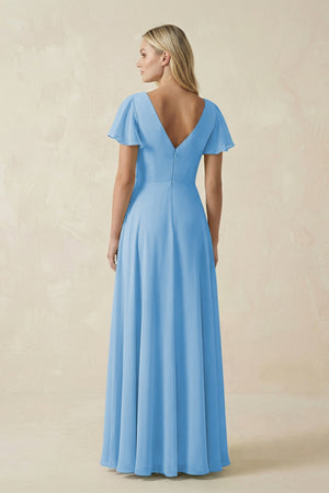 V - Neck Flutter Sleeve A - Line Chiffon Bridesmaid Dress in Steel Blue - KissProm Bridesmaid Dresses