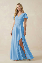 V - Neck Flutter Sleeve A - Line Chiffon Bridesmaid Dress in Steel Blue - KissProm Bridesmaid Dresses