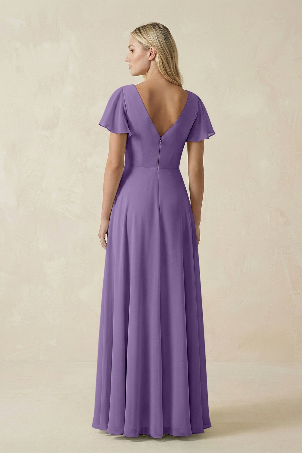 V - Neck Flutter Sleeve A - Line Chiffon Bridesmaid Dress in Tahiti - KissProm Bridesmaid Dresses