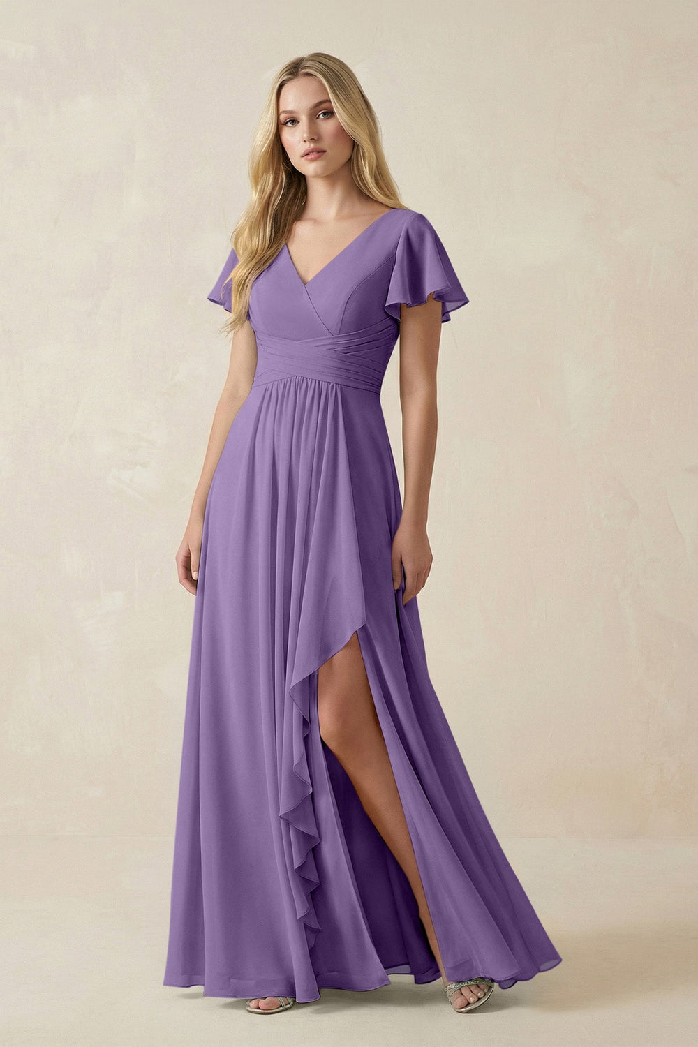 V - Neck Flutter Sleeve A - Line Chiffon Bridesmaid Dress in Tahiti - KissProm Bridesmaid Dresses