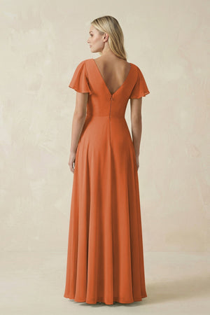 V - Neck Flutter Sleeve A - Line Chiffon Bridesmaid Dress in Terracotta - KissProm Bridesmaid Dresses
