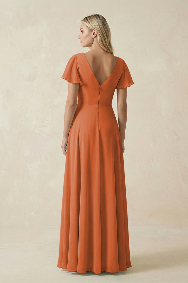 V - Neck Flutter Sleeve A - Line Chiffon Bridesmaid Dress in Terracotta - KissProm Bridesmaid Dresses