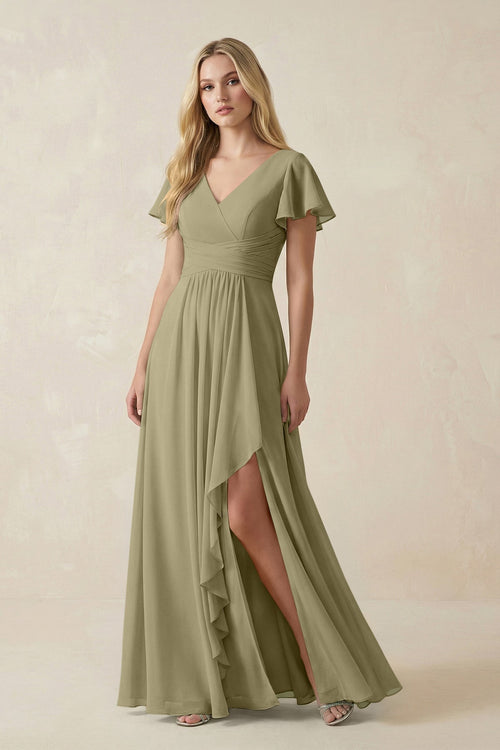 V - Neck Flutter Sleeve A - Line Chiffon Bridesmaid Dress in Thyme - KissProm Bridesmaid Dresses
