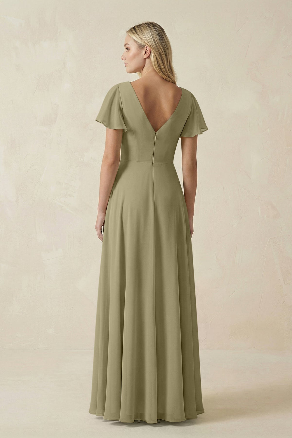 V - Neck Flutter Sleeve A - Line Chiffon Bridesmaid Dress in Thyme - KissProm Bridesmaid Dresses