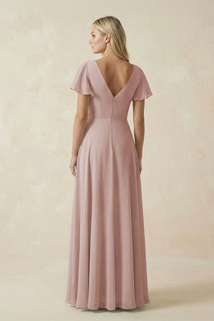 V - Neck Flutter Sleeve A - Line Chiffon Bridesmaid Dress in Toffee - KissProm Bridesmaid Dresses