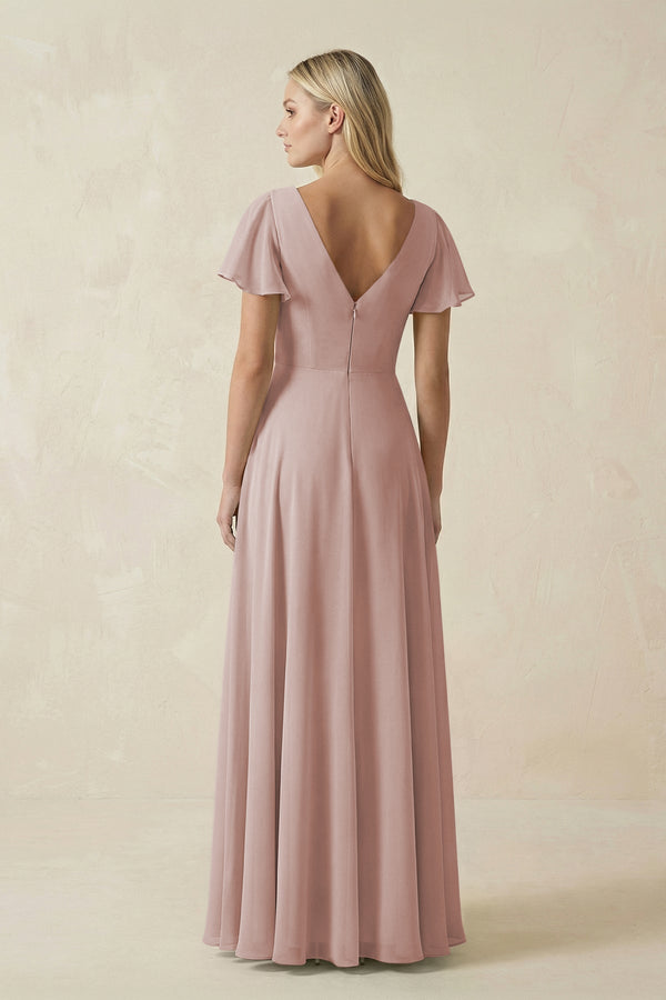 V - Neck Flutter Sleeve A - Line Chiffon Bridesmaid Dress in Toffee - KissProm Bridesmaid Dresses