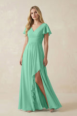 V - Neck Flutter Sleeve A - Line Chiffon Bridesmaid Dress in Turquoise - KissProm Bridesmaid Dresses