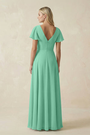 V - Neck Flutter Sleeve A - Line Chiffon Bridesmaid Dress in Turquoise - KissProm Bridesmaid Dresses