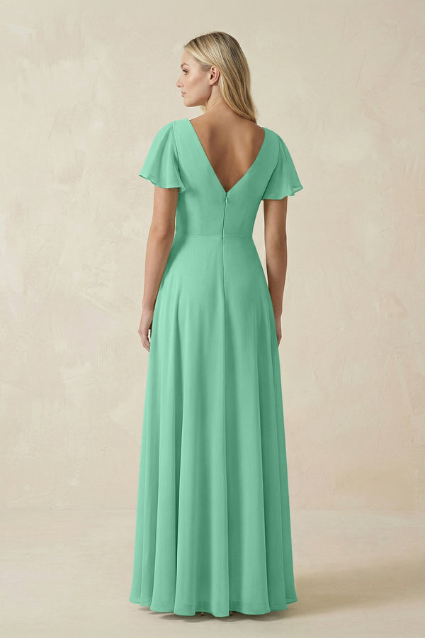 V - Neck Flutter Sleeve A - Line Chiffon Bridesmaid Dress in Turquoise - KissProm Bridesmaid Dresses