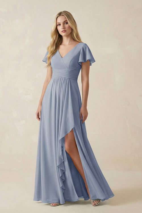 KissProm V-Neck Flutter Sleeve A-Line Chiffon Bridesmaid Dress in Twilight, Twilight / 20