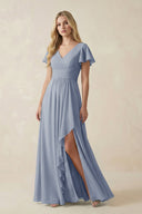 V - Neck Flutter Sleeve A - Line Chiffon Bridesmaid Dress in Twilight - KissProm Bridesmaid Dresses