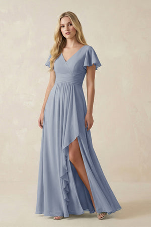 V - Neck Flutter Sleeve A - Line Chiffon Bridesmaid Dress in Twilight - KissProm Bridesmaid Dresses