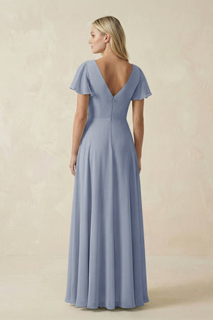 V - Neck Flutter Sleeve A - Line Chiffon Bridesmaid Dress in Twilight - KissProm Bridesmaid Dresses