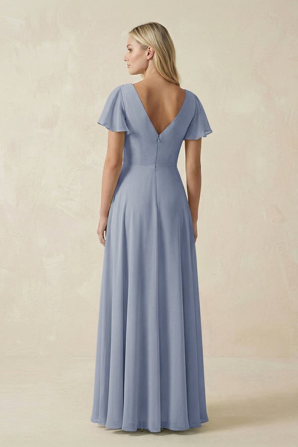 V - Neck Flutter Sleeve A - Line Chiffon Bridesmaid Dress in Twilight - KissProm Bridesmaid Dresses