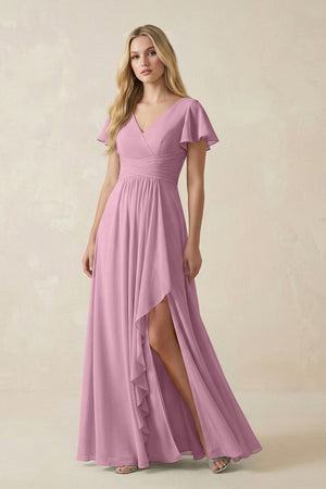 V - Neck Flutter Sleeve A - Line Chiffon Bridesmaid Dress in Vintage Mauve - KissProm Bridesmaid Dresses