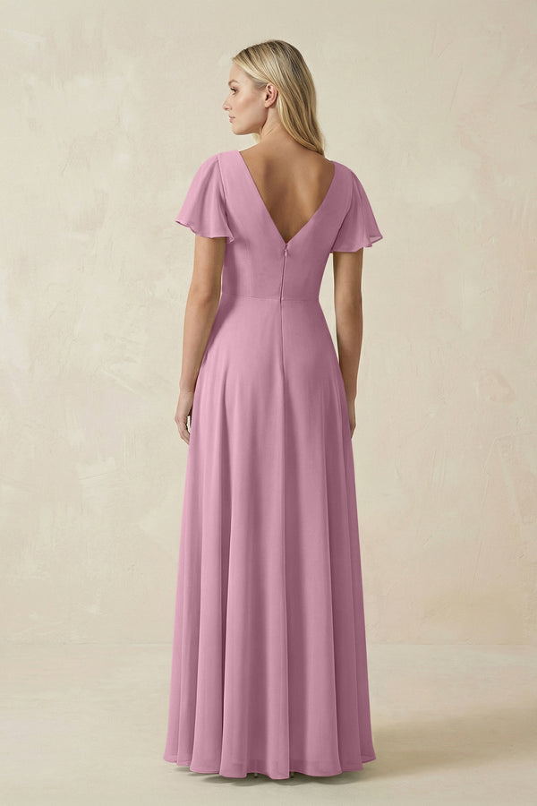V - Neck Flutter Sleeve A - Line Chiffon Bridesmaid Dress in Vintage Mauve - KissProm Bridesmaid Dresses