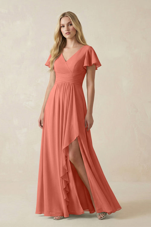 V - Neck Flutter Sleeve A - Line Chiffon Bridesmaid Dress in Wild Rose - KissProm Bridesmaid Dresses