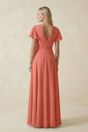 V - Neck Flutter Sleeve A - Line Chiffon Bridesmaid Dress in Wild Rose - KissProm Bridesmaid Dresses