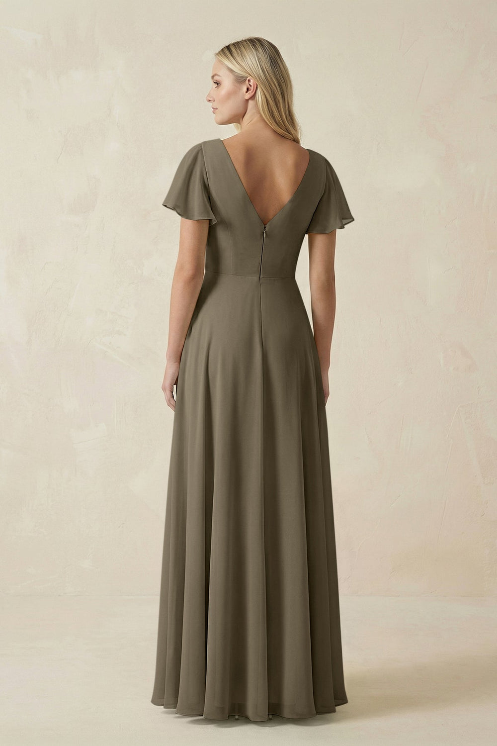 V - Neck Flutter Sleeve A - Line Chiffon Bridesmaid Dress in Willow Green - KissProm Bridesmaid Dresses