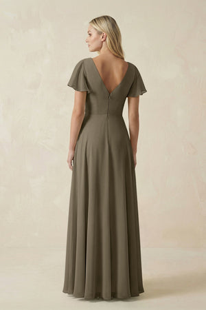 V - Neck Flutter Sleeve A - Line Chiffon Bridesmaid Dress in Willow Green - KissProm Bridesmaid Dresses