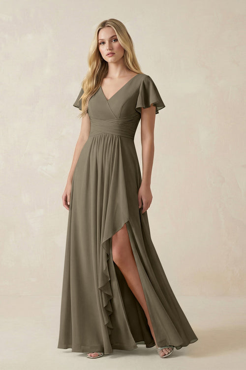 KissProm V-Neck Flutter Sleeve A-Line Chiffon Bridesmaid Dress in Willow Green, Willow Green / 10