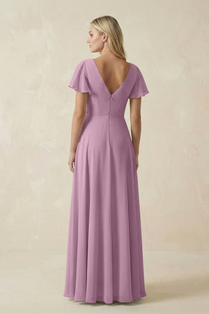 V - Neck Flutter Sleeve A - Line Chiffon Bridesmaid Dress in Wisteria - KissProm Bridesmaid Dresses