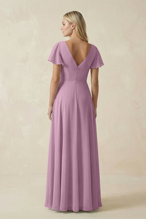 V - Neck Flutter Sleeve A - Line Chiffon Bridesmaid Dress in Wisteria - KissProm Bridesmaid Dresses