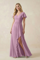 V - Neck Flutter Sleeve A - Line Chiffon Bridesmaid Dress in Wisteria - KissProm Bridesmaid Dresses
