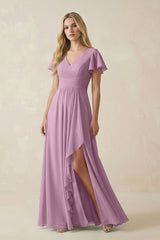 V - Neck Flutter Sleeve A - Line Chiffon Bridesmaid Dress in Wisteria - KissProm Bridesmaid Dresses